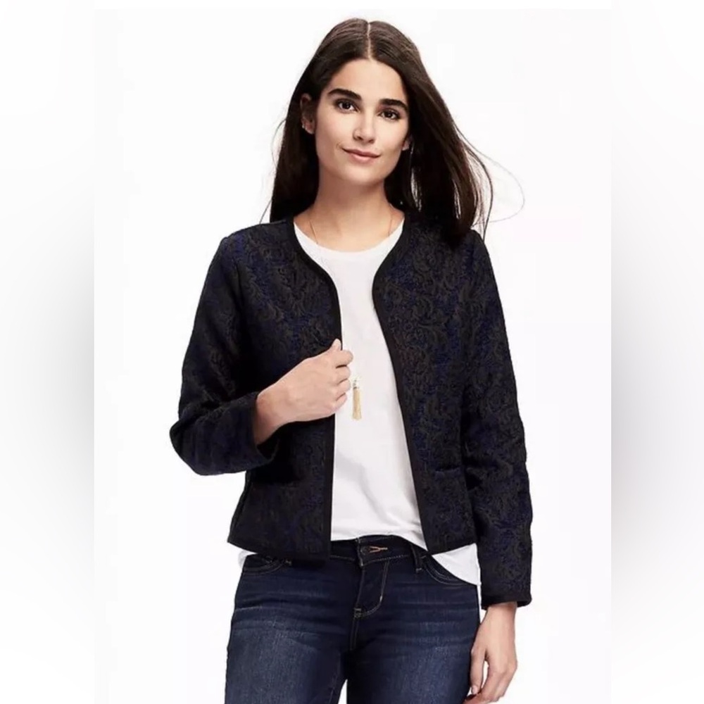 Old Navy Petite Small Black & Blue Brocade Bolero Jacket
